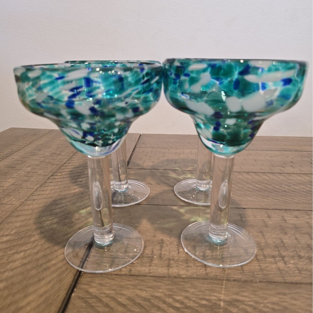 Mexican Hand Blown Glass Set of 4 Margarita Glasses Confetti Blue